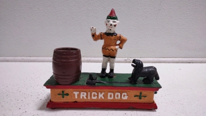 Vintage Cast Iron Trick Dog Circus Clown Mechanical Coin Bank Metal Toy* Works*