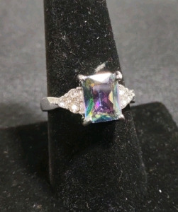 Size 9 Emerald Cut Faceted Mystic Rainbow Topaz Ring