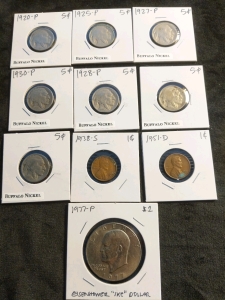 10) Coins 1920-1928 Buffalo Nickels, 1938 and 1951 Lincoln Wheat Pennies and 1977 Eisenhower Dollar