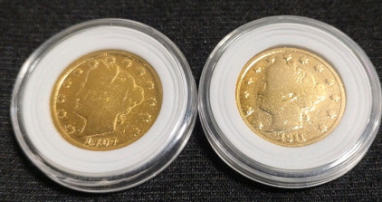 1907 & 1911 Gold Plated Liberty "V" Nickels
