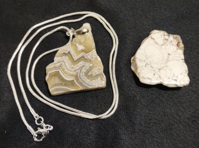 (1) 72.30ct. Crazy Lace Agate Freeform Slice Pendant 925. Necklace & (1) 88cts. White Buffalo Turquoise Freeform Slice Cabochon