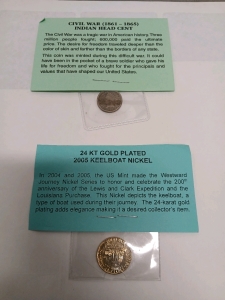 1862 Indian Head Cent. 2005. 24 KT Gold Plated Keelboat Nickel.