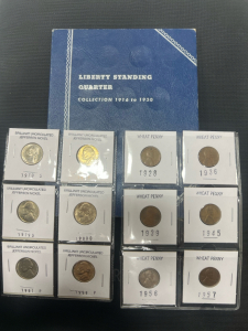 (6) Brilliant Uncirculated Jefferson Nickel (6) Wheat Pennies (1) Liberty Standing Quarter Coin Folder
