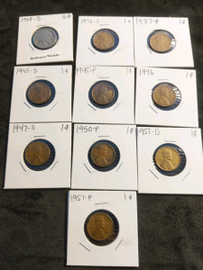 10) Coins, 1928 Buffalo Nickel, 1936-1951 Pennies