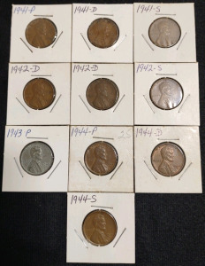 (10) Assorted WWII 1941-1944 Carded Lincoln Head Pennies (Excellent Condition)