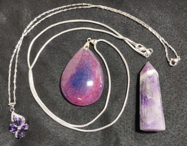(1) 109.20ct. Natural Peachblow-Blue Dragon Veins Agate Teardrop Pendent .925 Necklace, (1) 117ct. 2&frac14;" Tall Amethyst Hexagonal Tower Gemstone, & (1) Natural Purple Amethyst Gemstone Flower Necklace