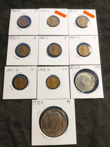 10) Coins 1944-1958 Pennies, 1977 Kennedy Half Dollar, and 1978 Eisenhower Dollar