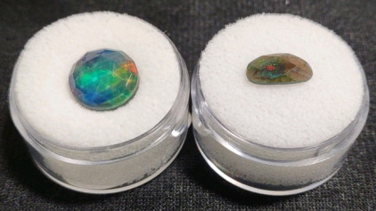 (1) 4.65ct. Natural Fire Opal Doublet Round Cut Faceted Ring Size Cabochon & (1) .55ct. Natural Black Opal Beautiful Multi Colors Checker Cut Gemstone