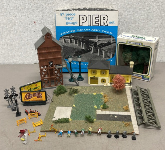 H.O. Train Set Accessories&hellip; 47 Piece Pier Set, Mill, House W/ Yard, People, Road Signs And Cones, And Railway Crossing Poles