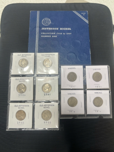 (1) Jefferson Nickel Coin Book (6) Old Jefferson Nickels (4) &ldquo;V&rdquo; Or Victory Nickels