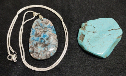 (1) 98.20ct. Blue Crazy Lace Agate Freeform Pendent 925. Necklace & (1) 147.60ct. Turquoise Freeform Polished Slab