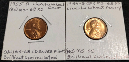 A 1955-D (BU) MS-68 Red Lincoln Wheat Penny & a 1954-S (BU) MS-65 Red Lincoln Wheat Penny