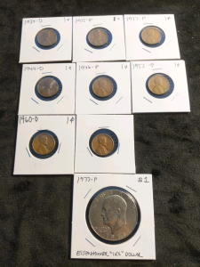 9) Coins 1934-1961 Pennies and 1977 Eisenhower Dollar