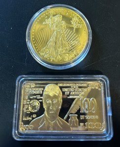 (1) 2025 Replica 1 Oz. Fine Gold Liberty Coin (1) Replica Donald Turmp Gold Bar