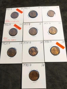 10) Pennies 1941-1980, 1941 1946 and 1980 Mint Error