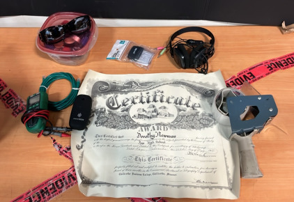 (1) 1937 Highschool Certificate (1) Commercial Electric Multimeter (1) Pencil Sharpener & More