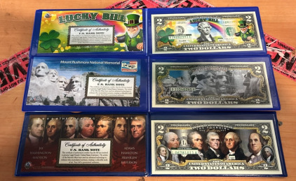 (1) $2 Lucky Bill Commemorative Bank Note (1) $2 Mount Rushmore Commemorative Bank Note (1) $2 Founding Fathers Commemorative Bank Note