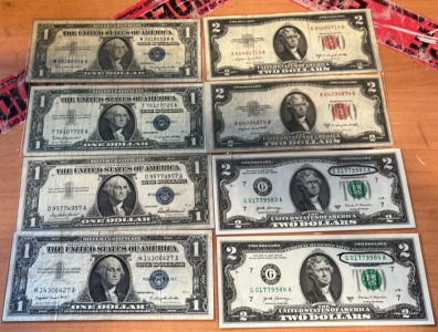 (4) $1 Bills Dating 1957 (4) $2 Bills Dating Between 1953-2017 Including Consecutive Serial Numbers