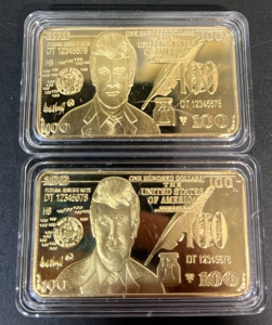 (2) Replica Donald Trump $100 Gold Bar