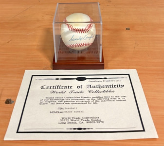 Signed Sandy Koufax Baseball With Certificate of Authenticity