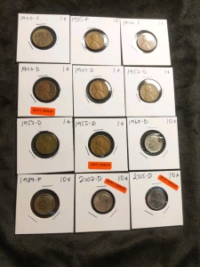12) Coins 1940-1955 Pennies, 1946 and 1955 Mint Error, 1968-2015 Dimes, 2002 and 2015 Mint Error