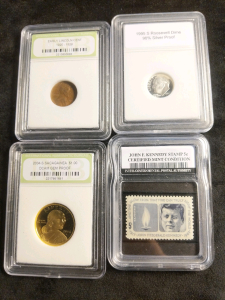 1929 Wheat Penny, 2004 San Francisco Mint Sacagawea Dollar, and 1995 San Francisco Mint 90% Silver Proof Roosevelt Dime and JFK Certified Mint Condition 5&cent; Stamp