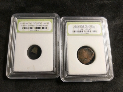 International Numismatic Bureau Roman Empire Coin Fragment and New World Pirate Era Spanish Bronze Nummis