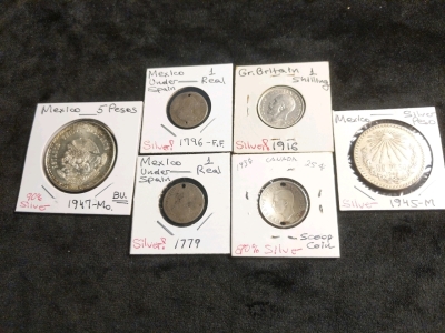 6) Coins, Mexico Under Spain 1796, English Shilling 1916, Canadian Scoop Coin, and Mexican Silver Pesos