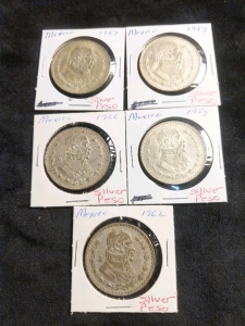 5) Mexican Silver Pesos 1957-1966