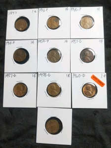 10) Pennies 1897-1960, 1896 Liberty Penny, 1960 Mint Error