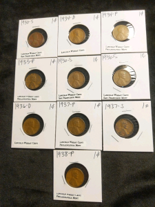 10) Pennies 1930-1938, Lincoln Wheat, Philadelphia Mint, San Francisco Mint