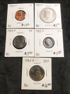 5) Coins 1983 Pennsylvania Mint Quarter, Dime, Nickel, Penny, Half Dollar