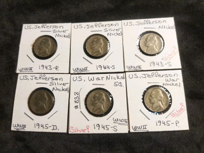6) Jefferson Silver Nickel 1943-1945 San Francisco, Denver and Philadelphia Mint