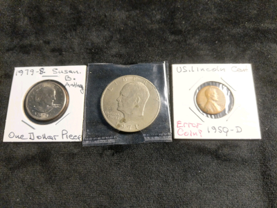 1971 Eisenhower Dollar, 1979 Susan B Anthony Dollar and 1959 Denver Mint Error Penny