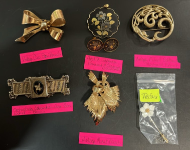 (1) Vintage Coro Bow Brooch (1) Amita Japanese Pendant & Earings (1) Vintage MJent Goldtoned Mermaid Brooch & More
