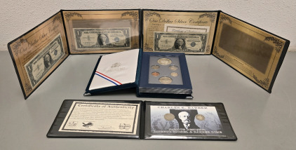 (3) One Dollar Silver Certificates, 1990 Prestige Mint Set, Charles E. Barber Libery Nickle And Barber Dime Set