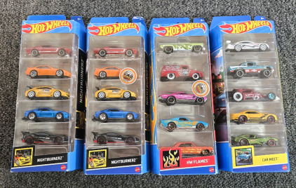 (4) Hot Wheels Sets- Car Meet, Flames, Nightburnerz