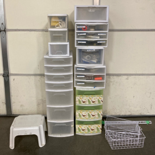 9 Plastic Storage Bins W/ Various Tools, Pet Supplies, Cleaning Supples & More