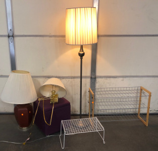 Various Lamps, Purple Ottoman & Wire Shelves