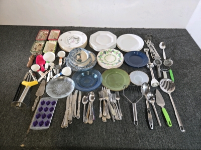 (33) Assorted Plates, Silverware, Cooking Utensils & More