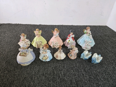 (9) Porcelain Figurines, (2) Porcelain Swans