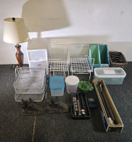 Assorted Office Paper Dividers, Vintage Camera Tripod, Lamp, Plastic Containers & More