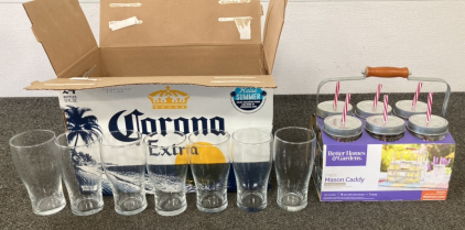 (19) Pilsner Glasses And 7 Pc. Mason Caddy