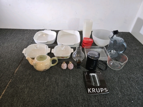 Assorted Kitchenware- (4) Ceramic Baking Pans, Krups Electric Coffee Grinder, Tea Pot & More