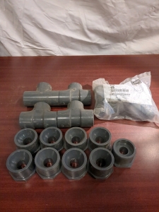 Spears 2" x 3/4" pipe bushings lot of 8. Spears 1 1/4 T joints lot of 4. Spears 1" End caps bag of 15.