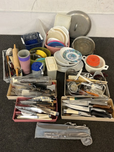 Kitchen Cooking Items Including Pans, Knives, Silverware, Containers & More