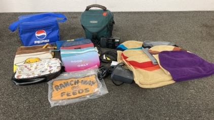 Assorted Bags, Beanies, And Camera Accessories