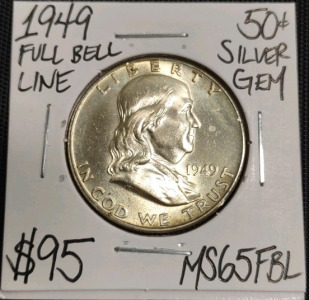 1949 MS65FBL Full Bell Line Gem Silver Half Dollar