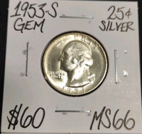1953-S MS66 Gem Silver Washington Quarter