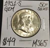 1951-S MS65 Gem Silver Franklin Half Dollar